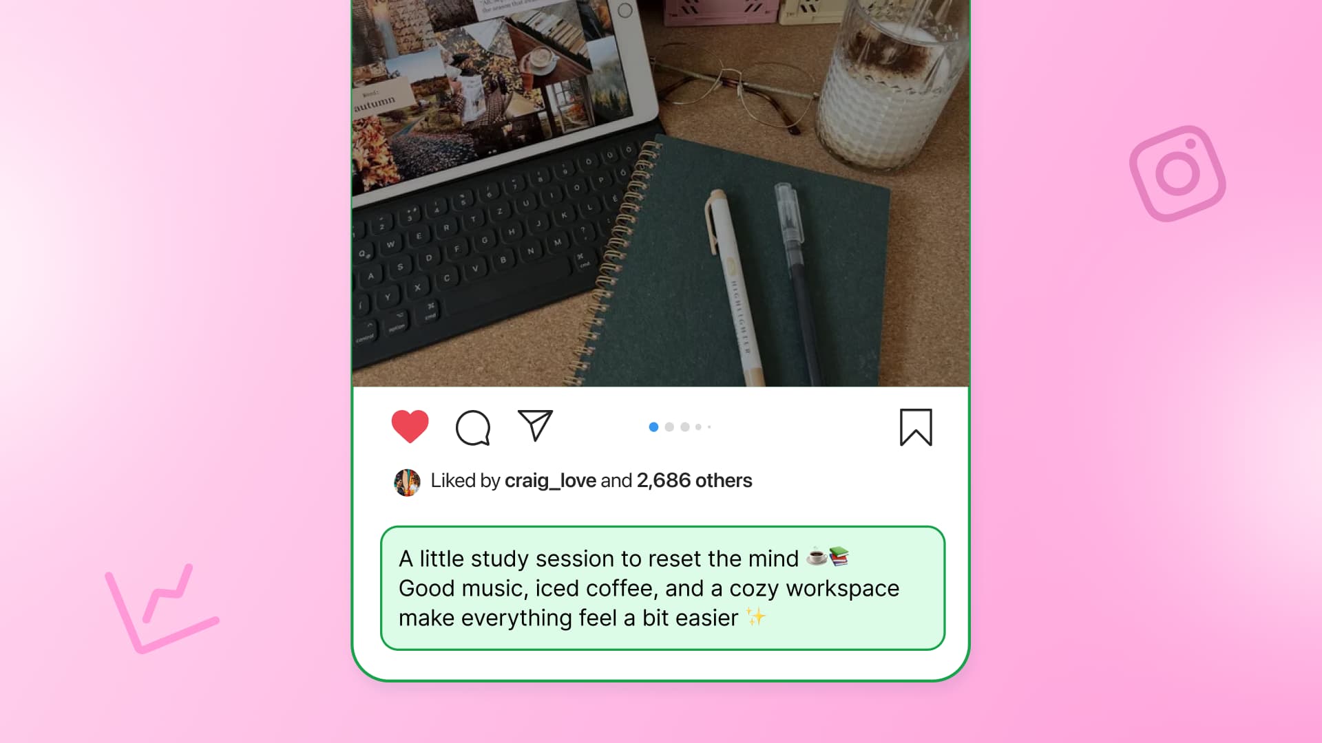 An Instagram post graphic featuring a study workspace photo and a caption card on a pink background with icons.