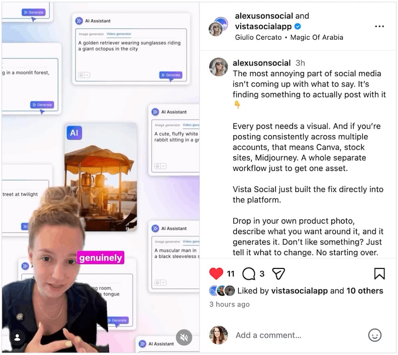 A screenshot of an Instagram collab post example from Vista Social and Alexus Brittain.
