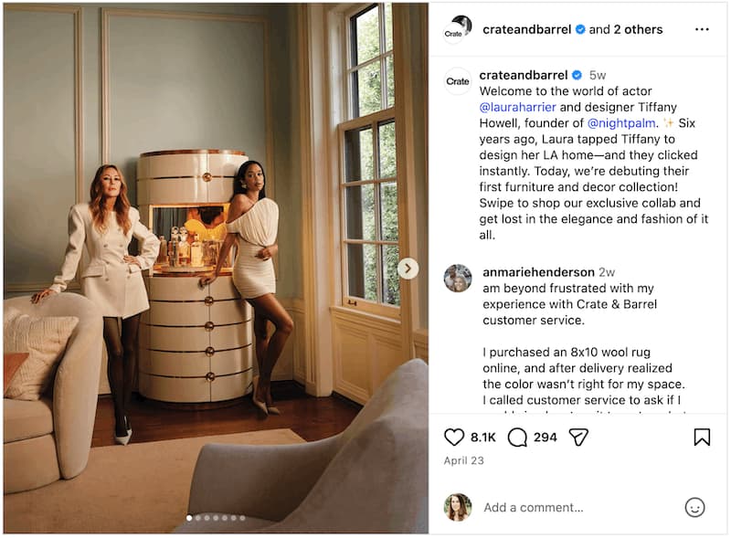 An Instagram collab post with Crate and Barrel and two collection collaborators on launch day.