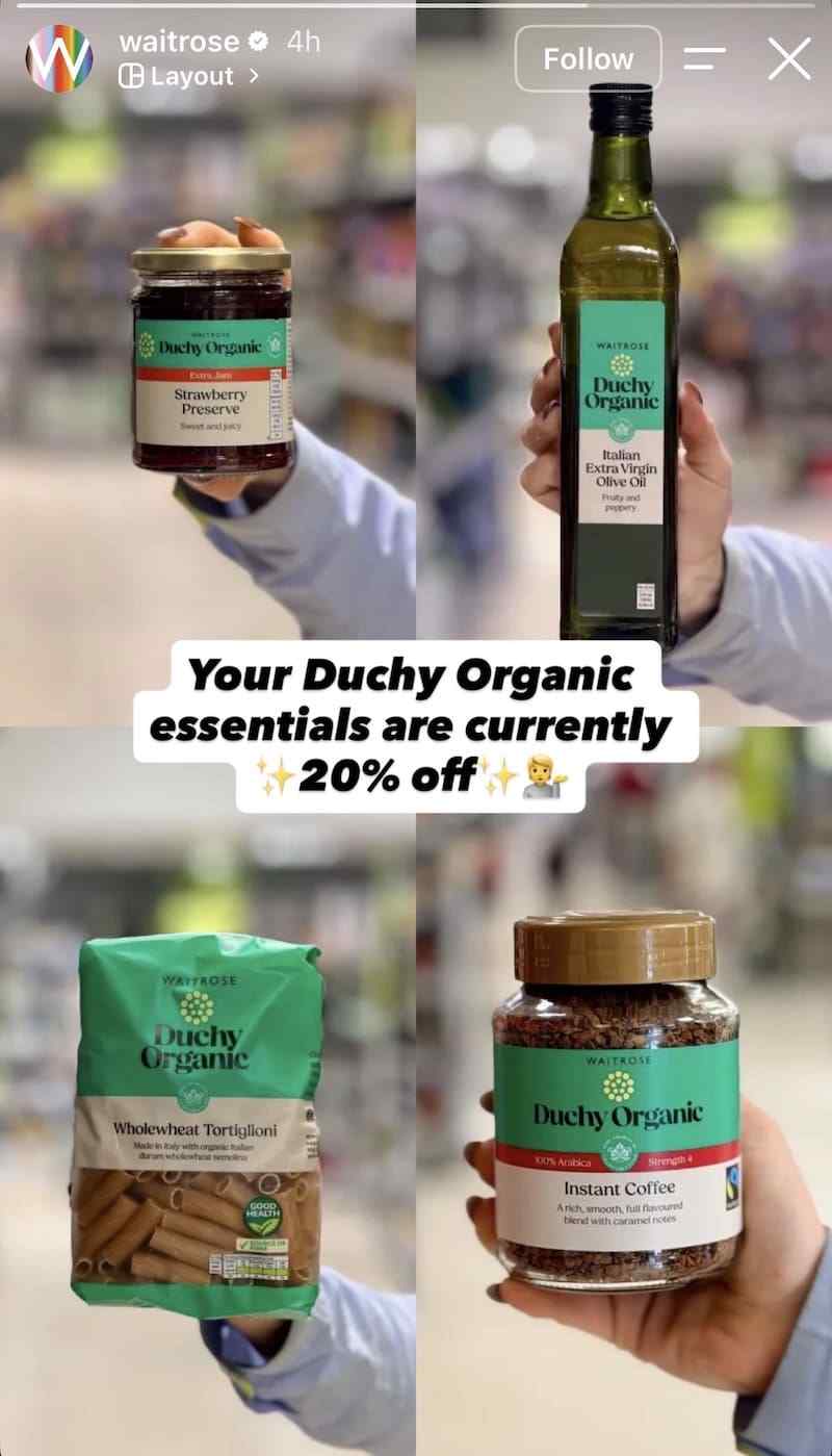 Instagram Layout 2x2 grid of hands holding Duchy Organic products in-store, central 20% off sticker overlaid.