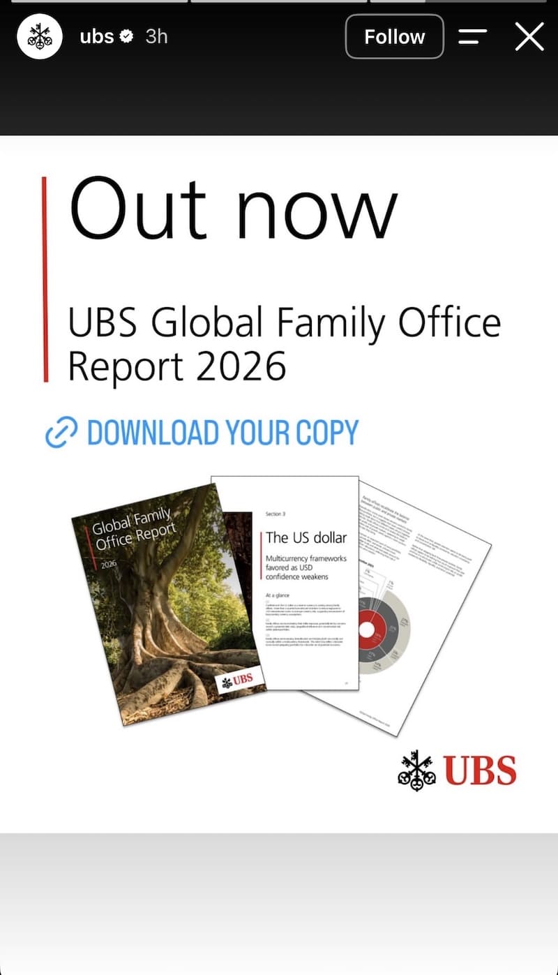 Clean white 'Out now' for Global Family Office Report 2026, fanned report pages and DOWNLOAD YOUR COPY link sticker.