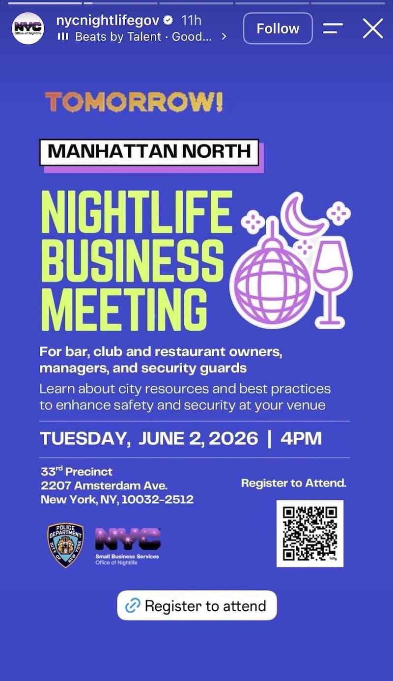 Purple 'TOMORROW' poster for Manhattan North Business Meeting with date, venue address and register link.