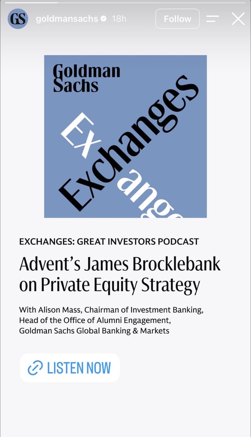 Exchanges podcast card for Brocklebank private equity episode on blue artwork with LISTEN NOW link.