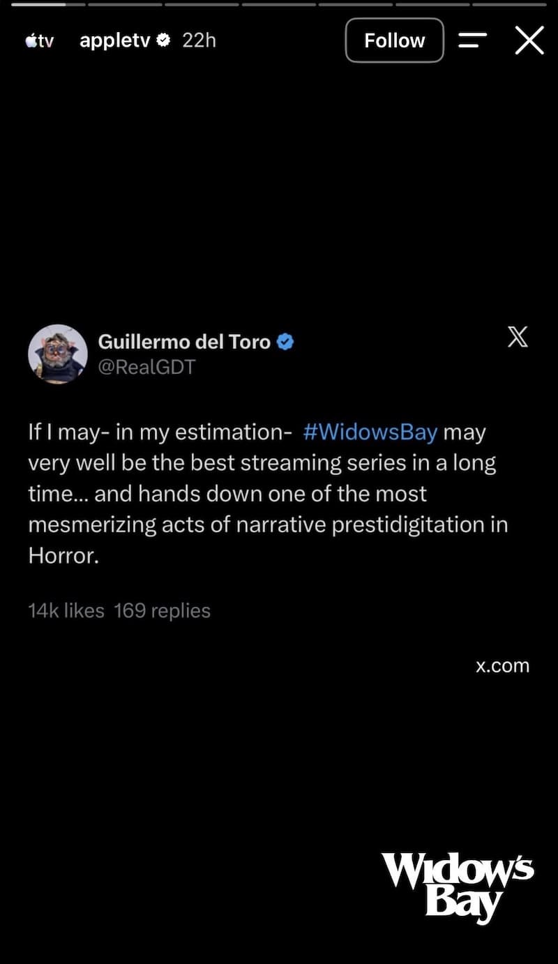 Guillermo del Toro X post praising Widow's Bay as best streaming series in a long time.