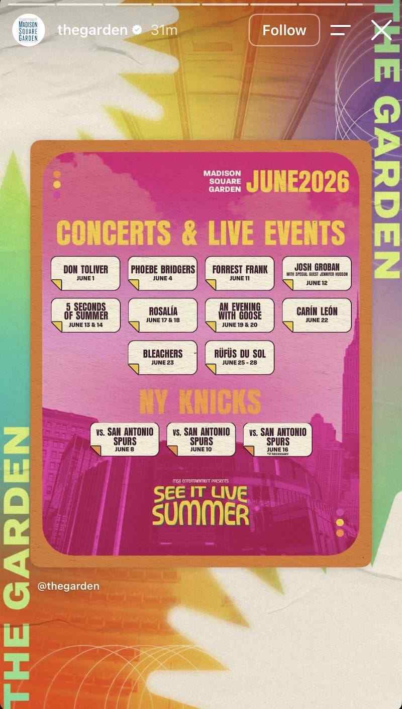 June 2026 concerts and events grid including Rosalía, Rüfüs Du Sol and NY Knicks games.