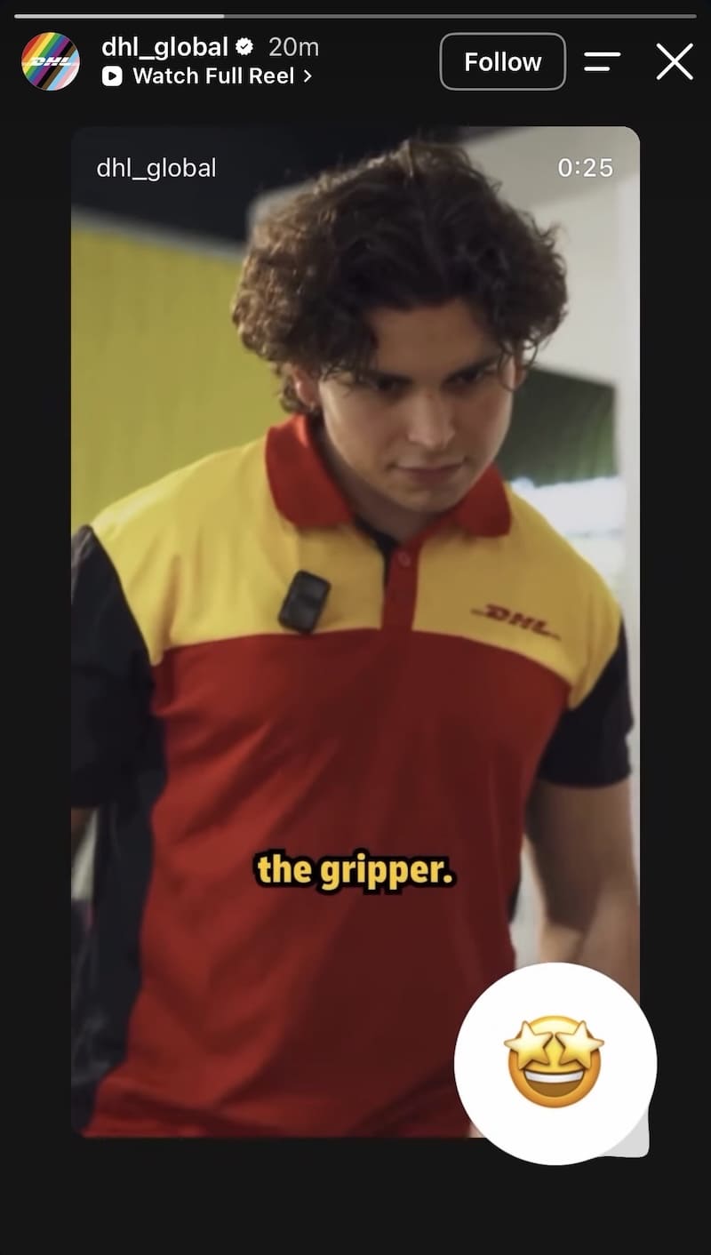 Young male courier in yellow and red DHL uniform, 'the gripper' subtitle and star-eyes emoji reaction bubble.