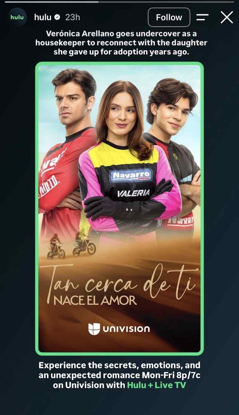 Univision telenovela poster with three motocross characters, show premise text above and viewing details below.