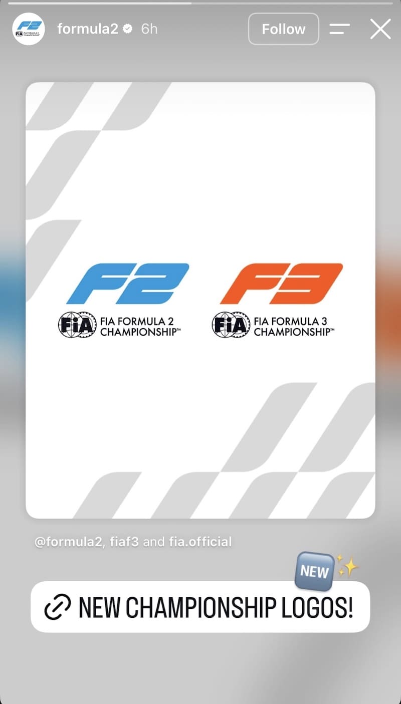 FIA F2 blue and F3 orange championship logos side by side on checkered flag background with NEW sticker.