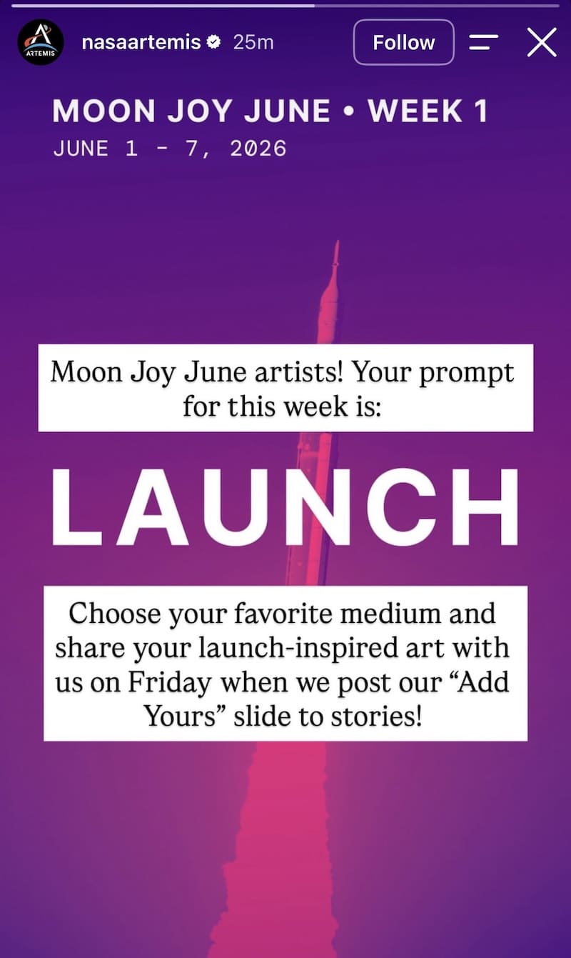Moon Joy June Week 1 graphic with rocket image and large LAUNCH community art series prompt text.
