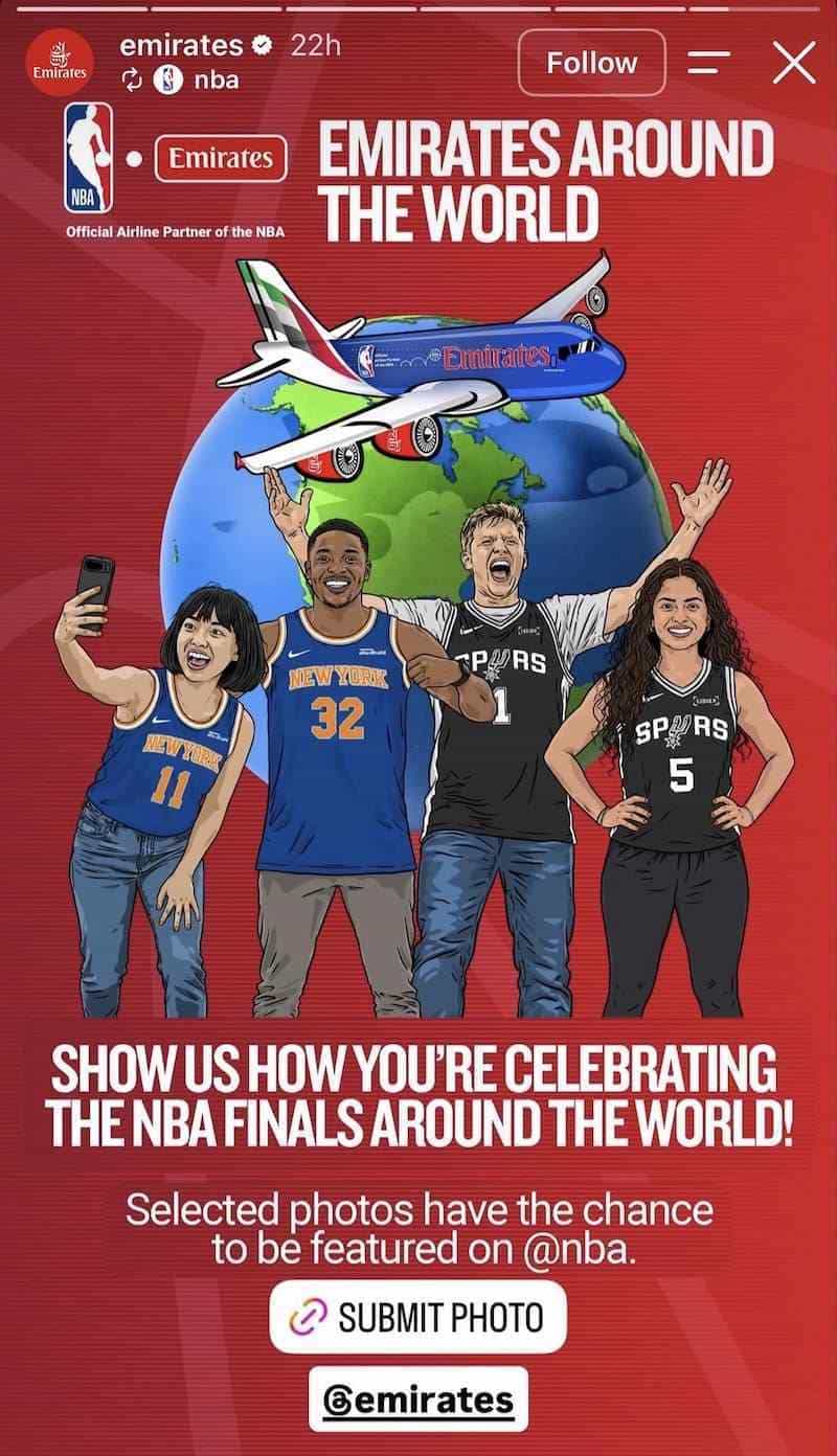 Red graphic with illustrated fans in NBA jerseys, Emirates plane over globe, Submit Photo link sticker.