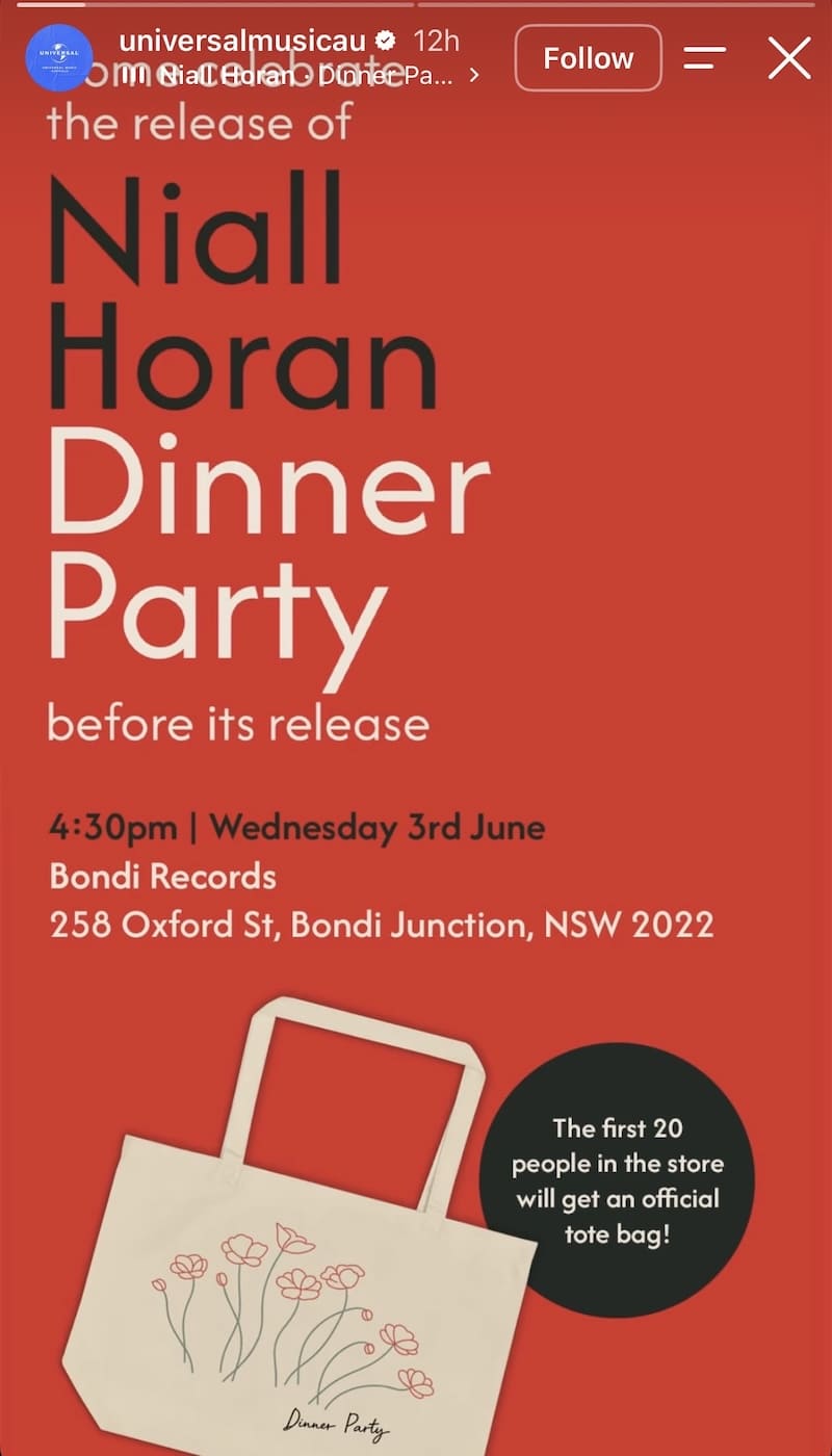 Niall Horan Dinner Party launch poster, Bondi Records June 3 and first 20 attendees get tote bag.