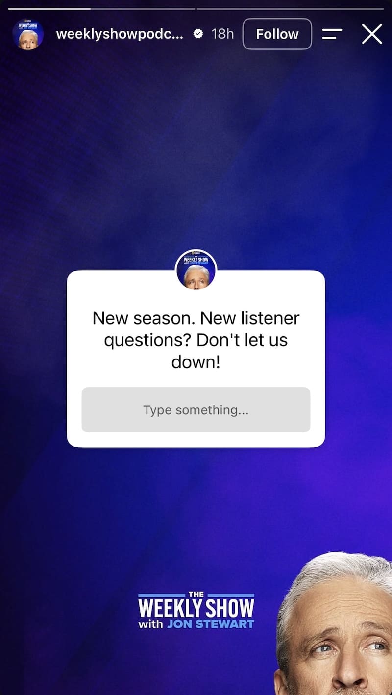 Dark blue background with Jon Stewart photo, 'New listener questions? Don't let us down!' open question box.