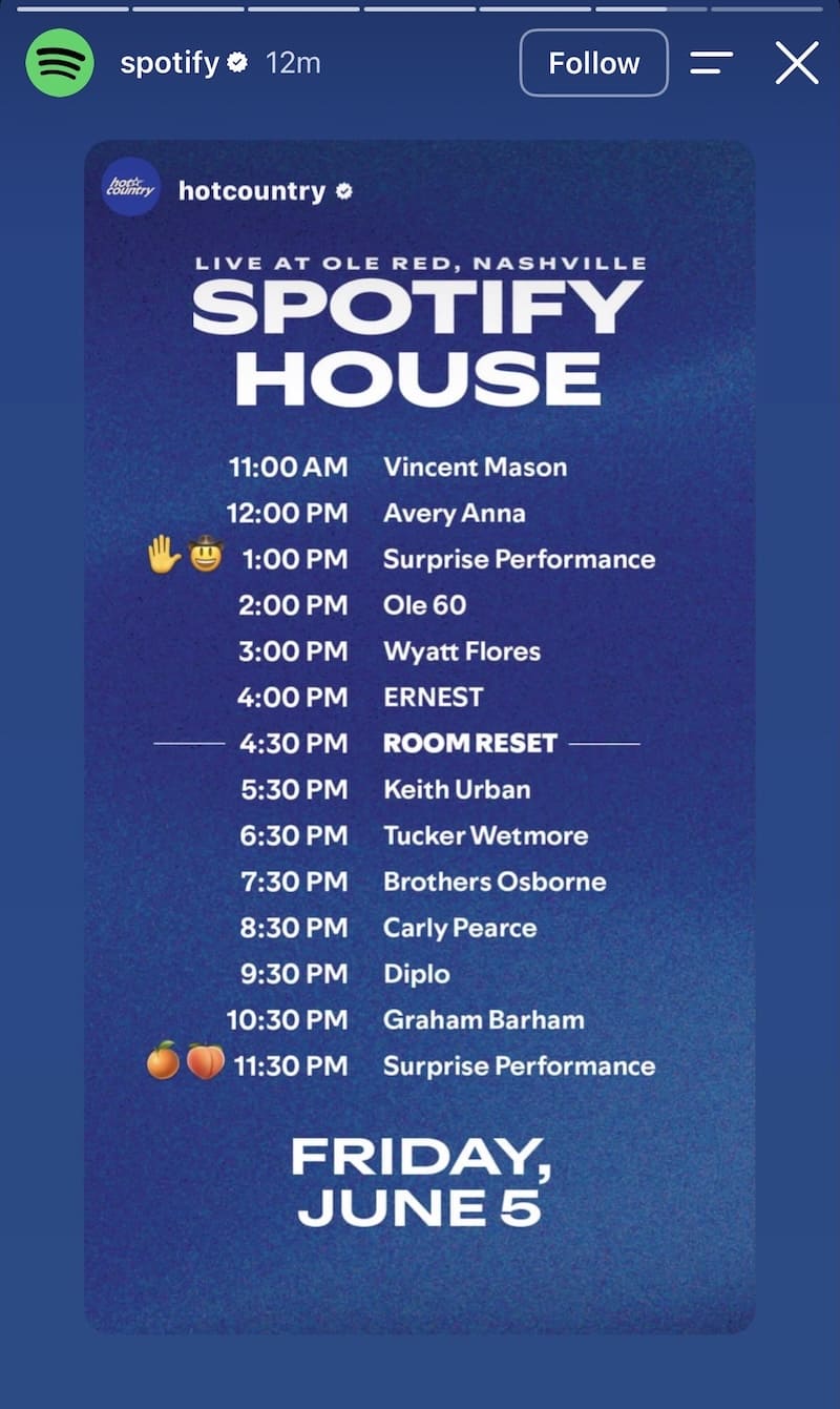Spotify House Nashville lineup, Keith Urban, Carly Pearce, Diplo and two blank surprise performance slots listed.