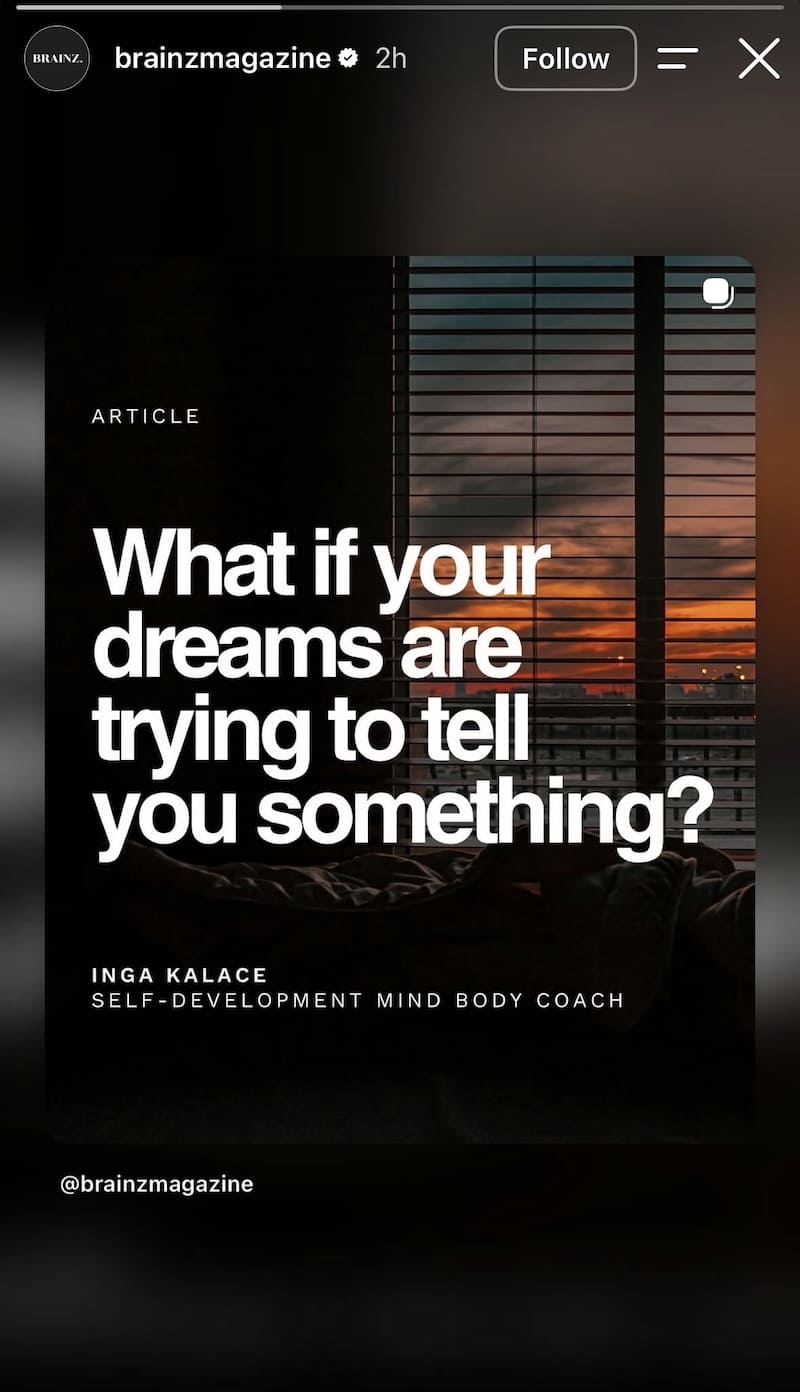 Dark article card 'What if your dreams are trying to tell you something?' over blurred sunset backdrop.