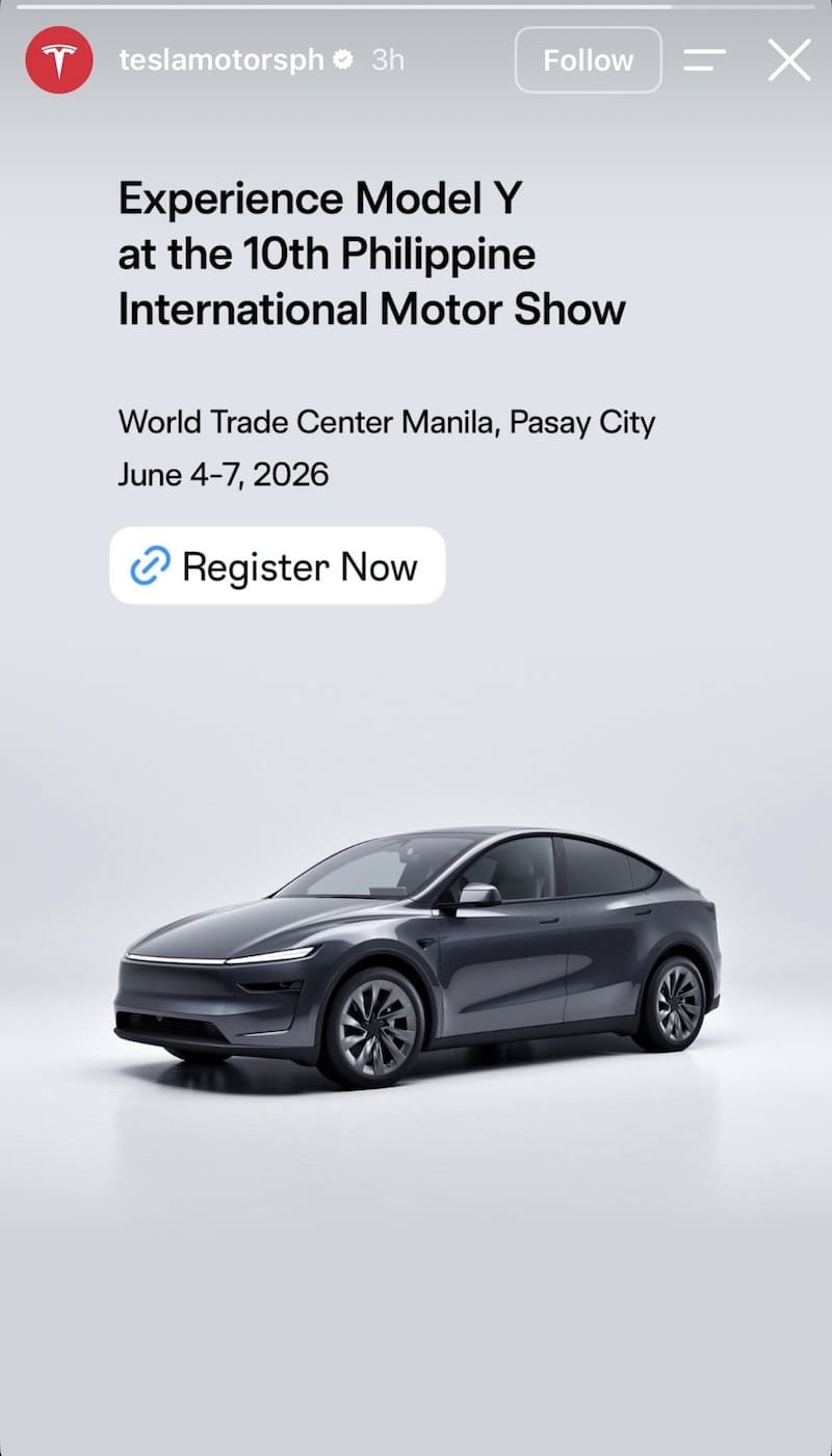 Model Y for Philippine International Motor Show June 4 to 7 with Register Now link sticker.