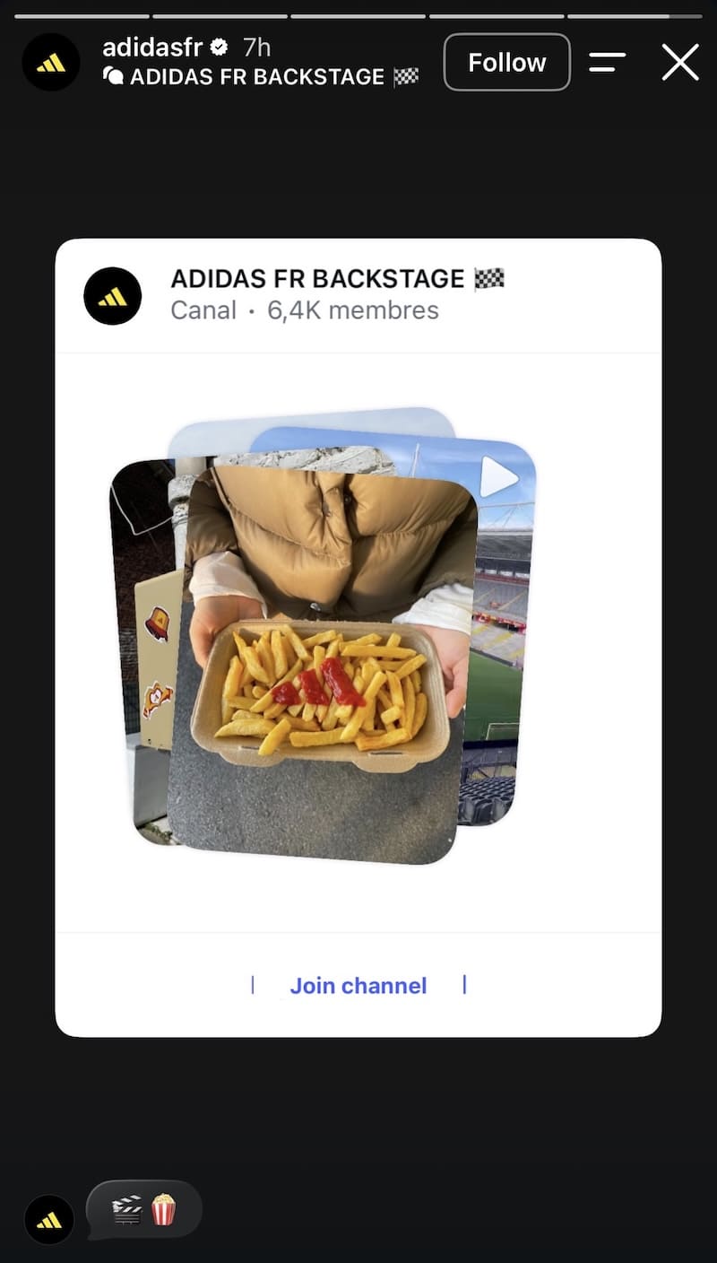 ADIDAS FR BACKSTAGE channel preview on black with candid stadium fries content and Join Channel CTA.
