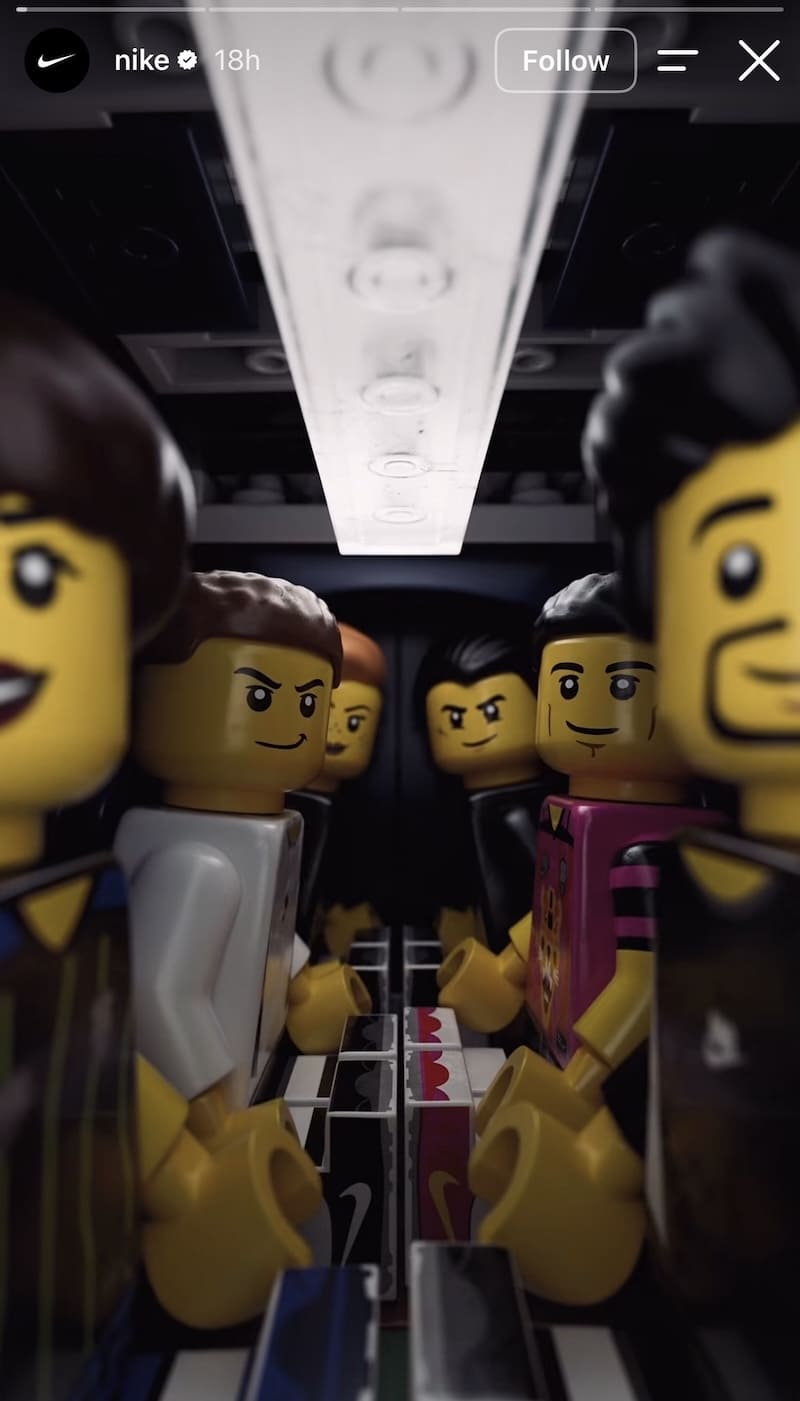 Cinematic low-angle close-up of LEGO minifigures in tight space with shallow depth of field bokeh, no text or CTA.