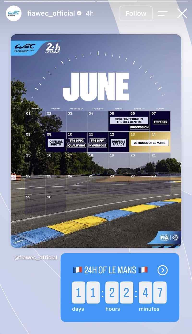 June race calendar over Le Mans aerial circuit photo, countdown at bottom showing 11 days 22 hours 47 minutes.