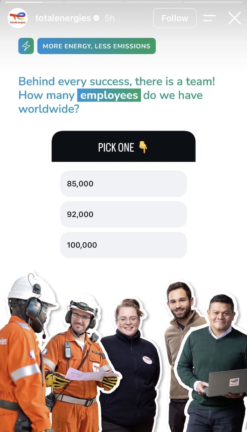 'How many employees worldwide?' trivia quiz with three answer options and worker cutout illustrations on white.