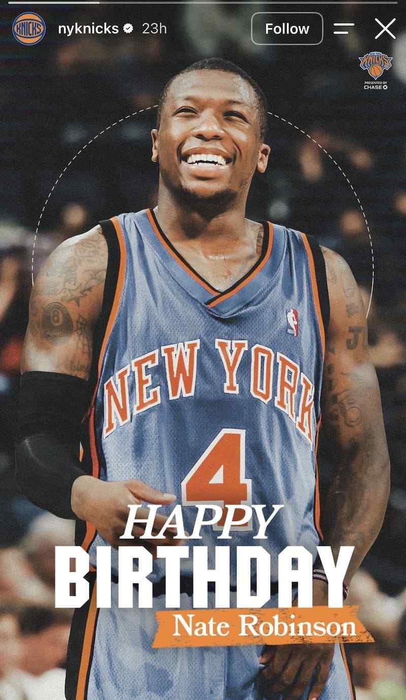 Nate Robinson smiling in blue number 4 jersey, 'HAPPY BIRTHDAY Nate Robinson' with Knicks and Chase logos.