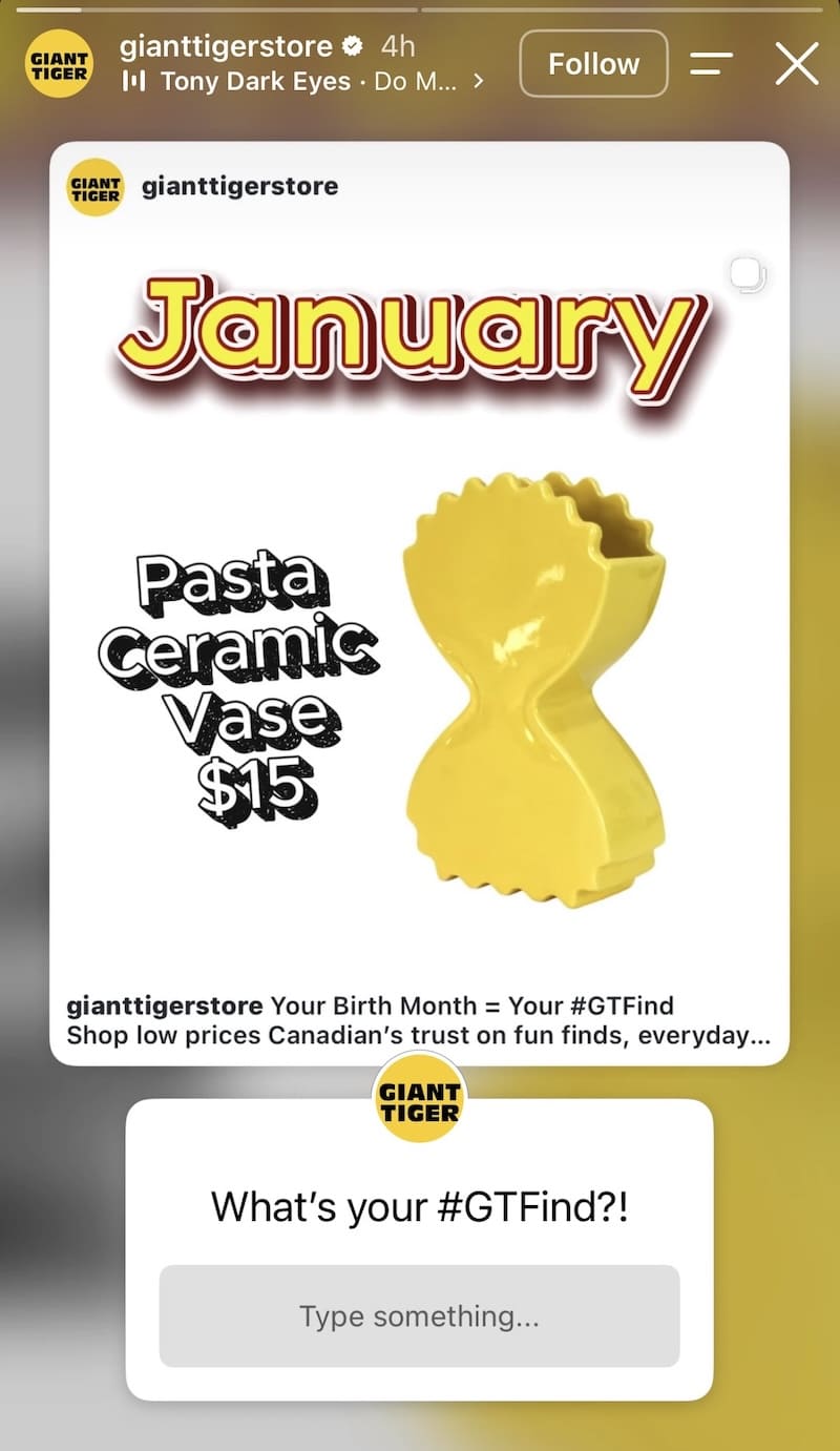 January birth month product finder featuring pasta ceramic vase, 'What's your GTFind?' question box overlaid.