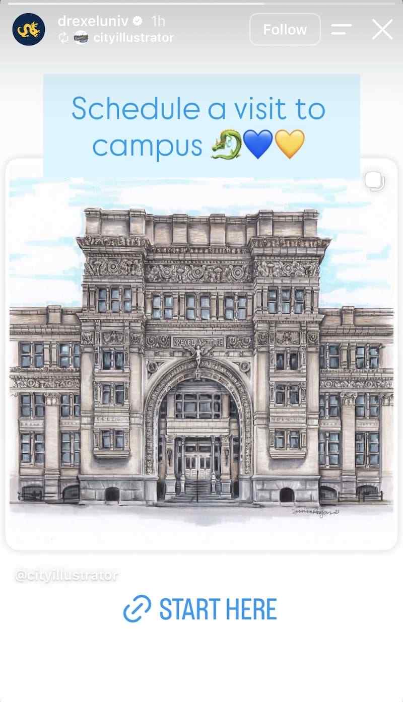 rexel University Story: @cityillustrator pen illustration of campus main building with START HERE campus visit link sticker.