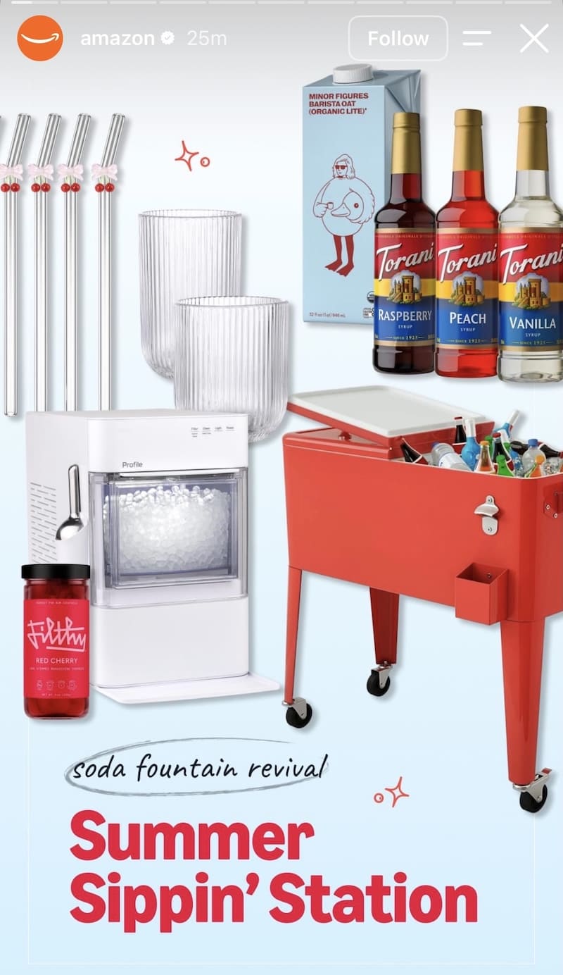 Summer Sippin Station mood board — ice maker, cooler, Torani syrups, ribbed glassware and straws on pale blue.