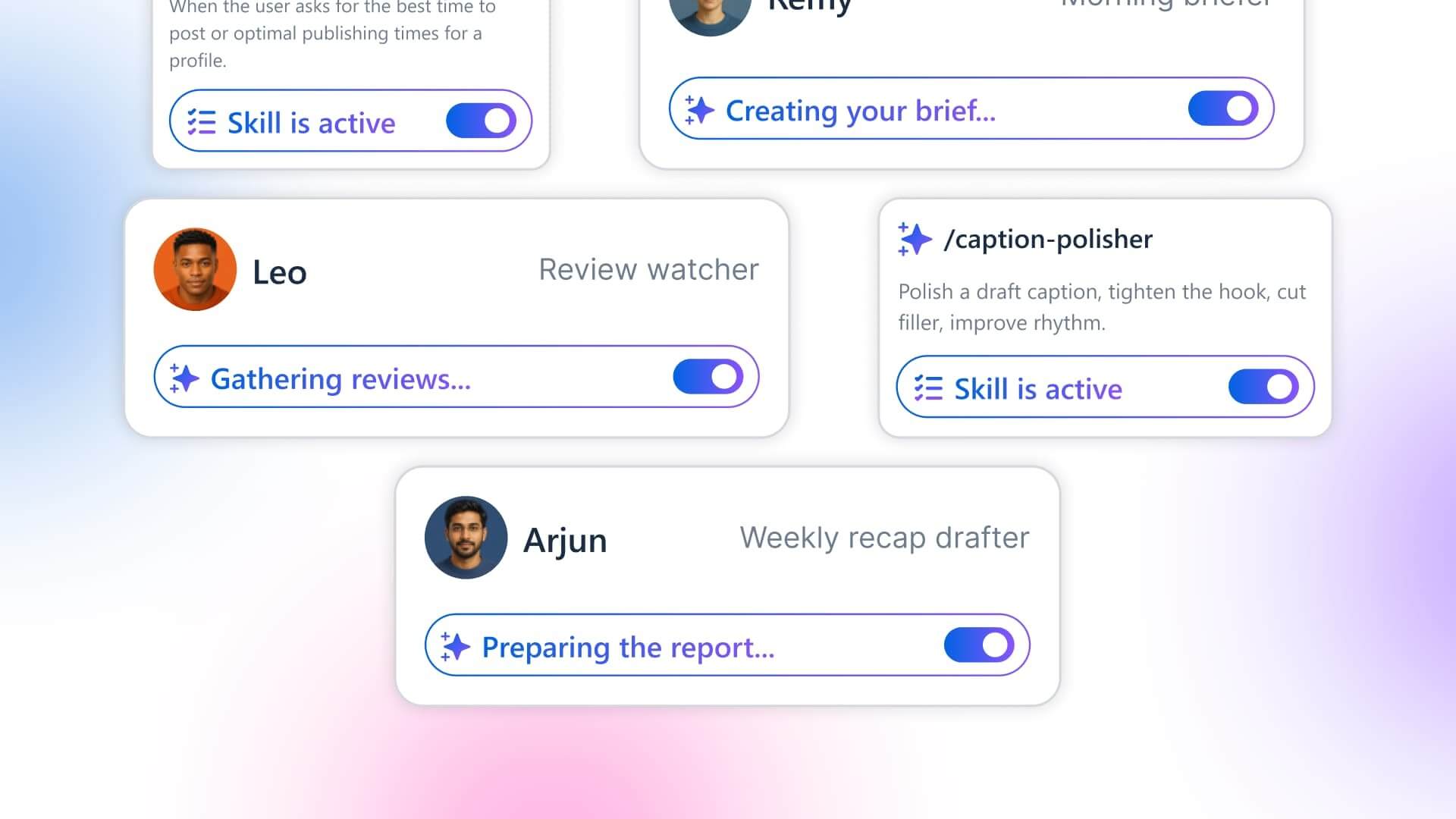 A digital collage showing a close-up of dynamic AI agent skill cards with user profiles, status bars, and toggle switches.
