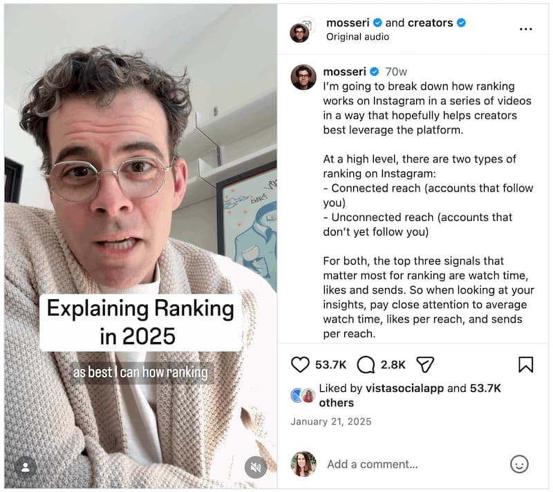 Adam Mosseri's Instagram Reel explaining how the social media algorithm ranks content using watch time, likes, and sends as top signals.