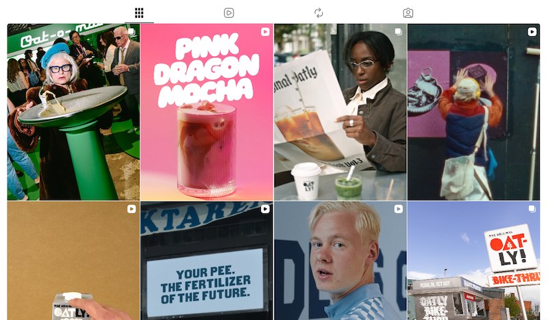 A social media grid view of Oatly posts featuring distinctive text graphics, product shots, and quirky promotional videos.