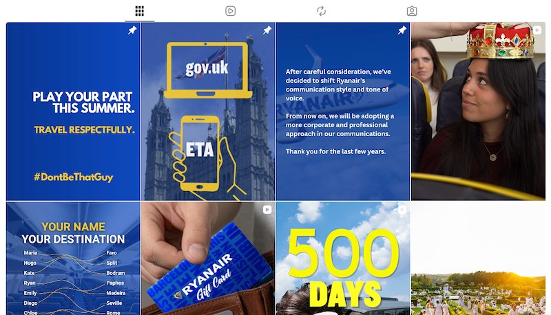 An Instagram feed grid layout for Ryanair, displaying travel tips, graphics, and flight promotions.