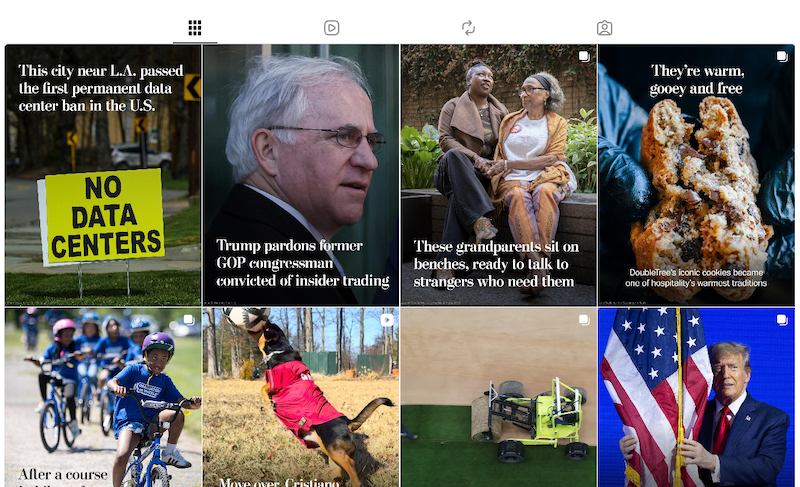 An Instagram feed grid layout for The Washington Post featuring a mix of news photographs and skits.