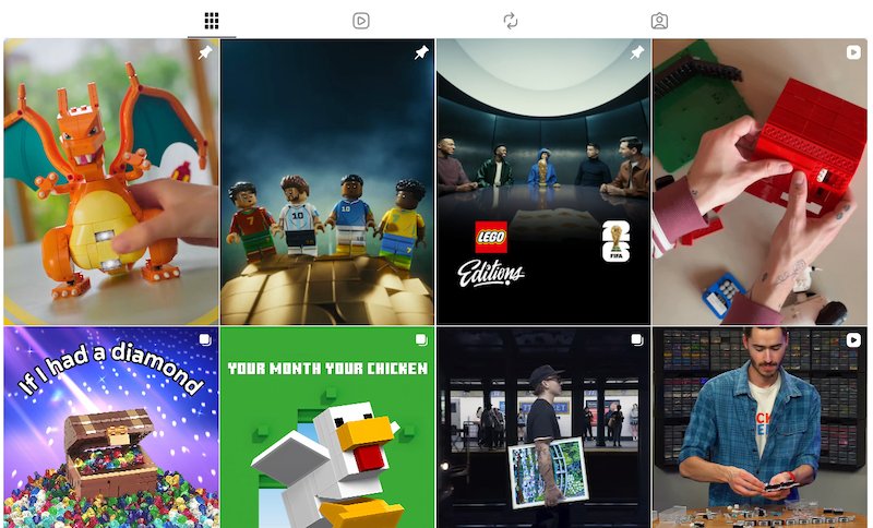 A social media grid of LEGO content displaying creative user builds, custom minifigures, and product feature videos.