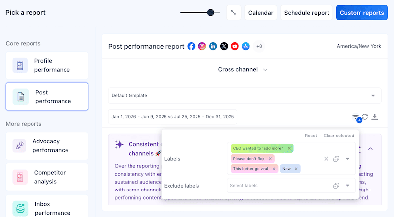 Analytics dashboard highlighting a post performance report filter section with colored tracking labels.