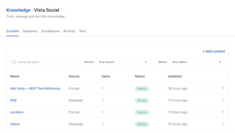 The Vista Social internal knowledge management page showing a dashboard list of active information sources.