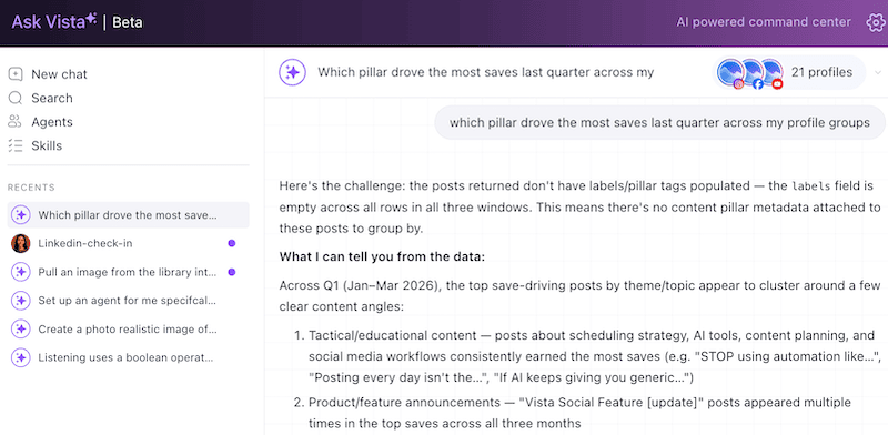 The Ask Vista AI chat interface detailing text data insights on recent top save-driving social posts.