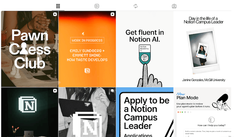 A grid layout of social media marketing posts showcasing software platform templates for Notion.