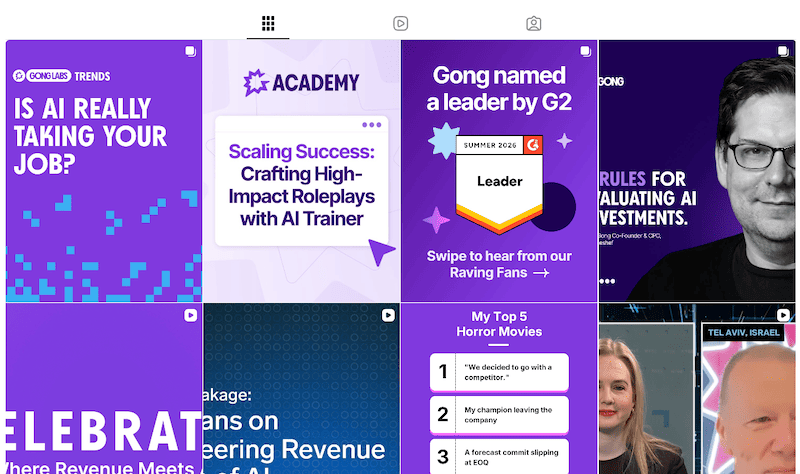 An Instagram feed grid layout for the B2B brand Gong, featuring bold purple marketing and data graphics.