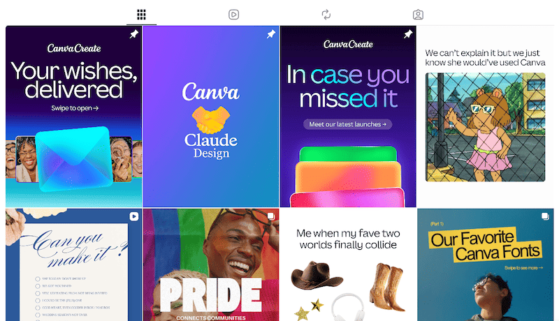 An Instagram grid overview of Canva posts featuring design tutorials, seasonal themes, and fonts.