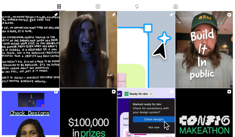 A social media grid view of Figma videos and graphics highlighting community and product design systems.
