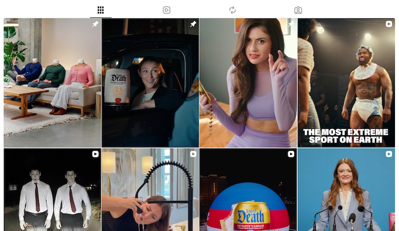 A grid layout of humorous, entertainment-focused social media video posts from Liquid Death.