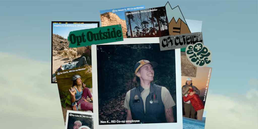 A collage of polaroid photos featuring people outdoors with "Opt Outside" stickers.