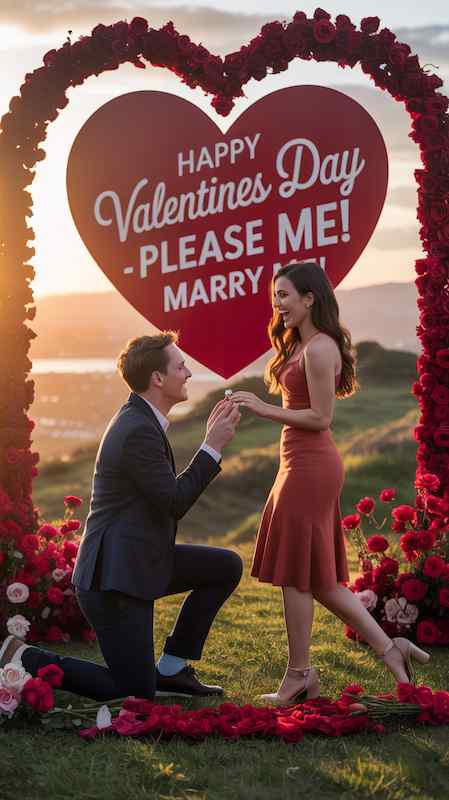 A man proposing on one knee to a woman outdoors beneath a large red heart archway.