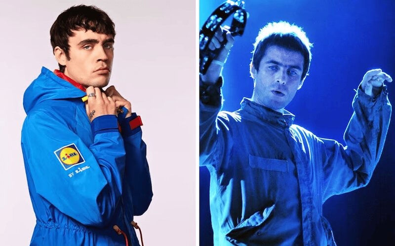 A side-by-side split image showing a man in a blue Lidl jacket on the left and a musician singing on stage on the right.