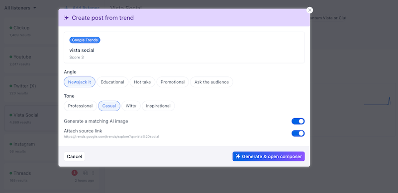 An interactive popup window in Vista Social titled "Create post from trend" with angle and tone selection buttons.