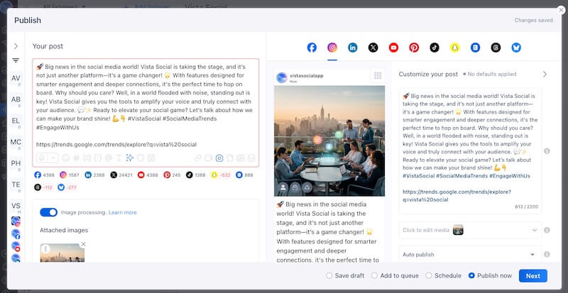The Vista Social post composer interface showing multi-platform publishing previews and custom text content options.