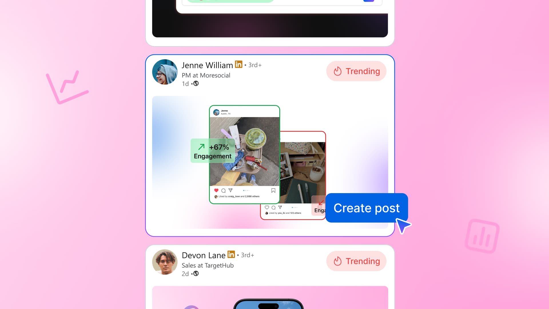 A social media feed overview showing posts tagged with a red "Trending" badge on a soft pink gradient background.