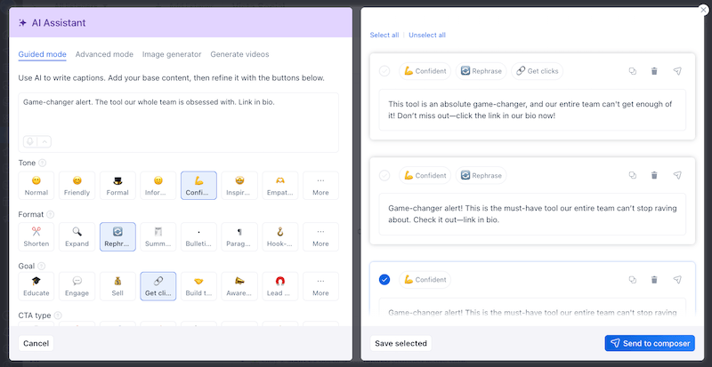 The AI Assistant interface in guided mode, displaying formatting, tone, and goal buttons for writing post captions.