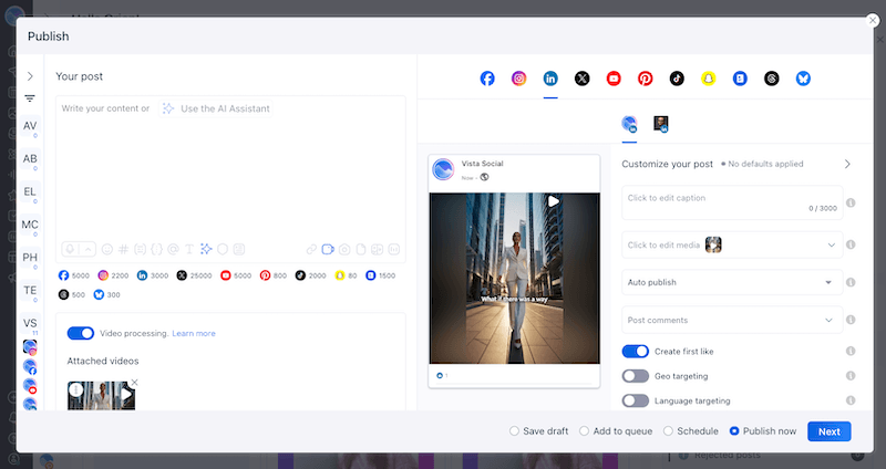 The multi-channel publishing screen in Vista Social, featuring a vertical video post and cross-platform sharing icons.