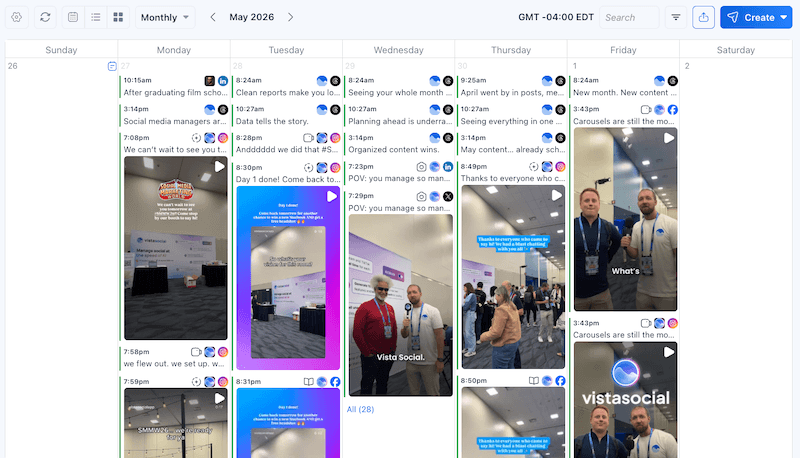 A monthly social media content calendar layout filled with scheduled vertical video posts and carousels.